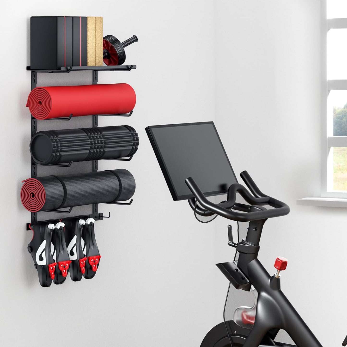 Home Gym Storage Shelf Only, Adjustable Gym Equipment Organizer Wall Mounted with 1 Board, Yoga Mat Holder, Storage Rack Compatible with Peloton Shoes & Mat, Shelf for Home Training Accessories