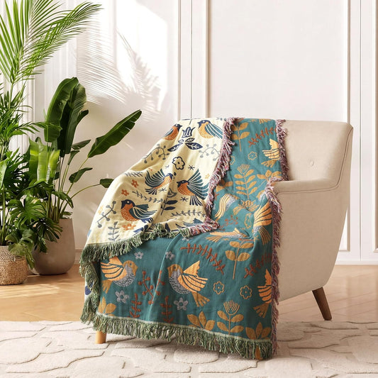 LUTBM Boho Throw Blanket for Couch 100% Cotton Soft Birds and Floral Double Embroidery Breathable Summer Throw Blankets,50"x60" All Season Reversible Throws for Sofa Chair Livingroom Home Decor - Colors A