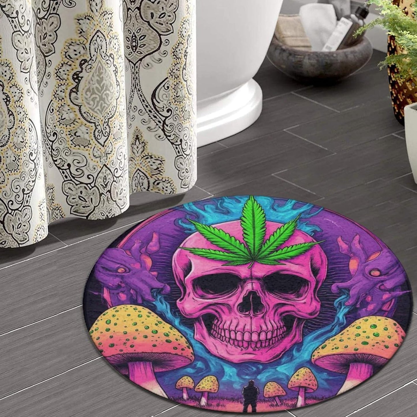 Machine Washable Modern Round Area Rug, Room Sofa Yoga Soft Round Carpet, Home Decor Non Slip Kitchen Office Circle Rug Trippy Rainbow Mushroom Tie Dye Art, 60inch