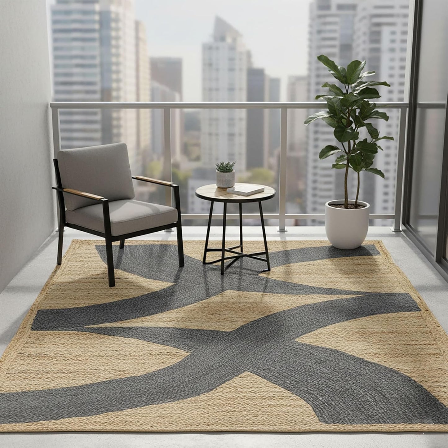 Premium Quality Jute Rug 4x6 Feet Area Rug Natural Fiber Jute Rugs Thick 0.27" Black Abstract Pattern Geometric Rugs for Kids Room, Living Room, Yoga Mat, Indoor Outdoor Carpet - Colors C