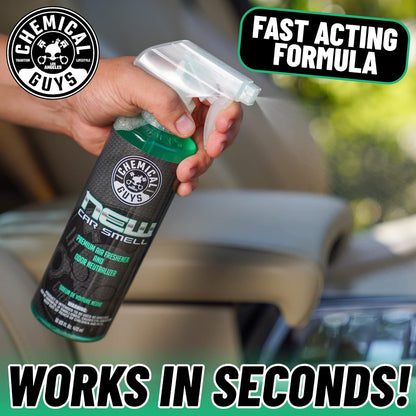 Chemical Guys New Car Smell Air Freshener and Premium Odor Eliminator Refreshes & Neutralizes Odors, Great Car Fresheners for Trucks, SUVs, RVs, and More - 16 oz