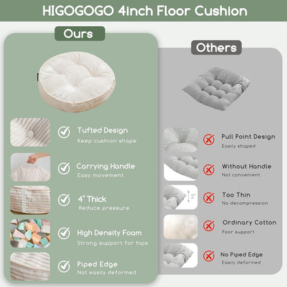 HIGOGOGO Floor Pillow Cushion for Adults, Meditation Cushion Pillow, Large Square Floor Sitting, Tufted Corduroy Cover, for Tatami Living Room or Yoga, 22x22 Inch, Dark Grey