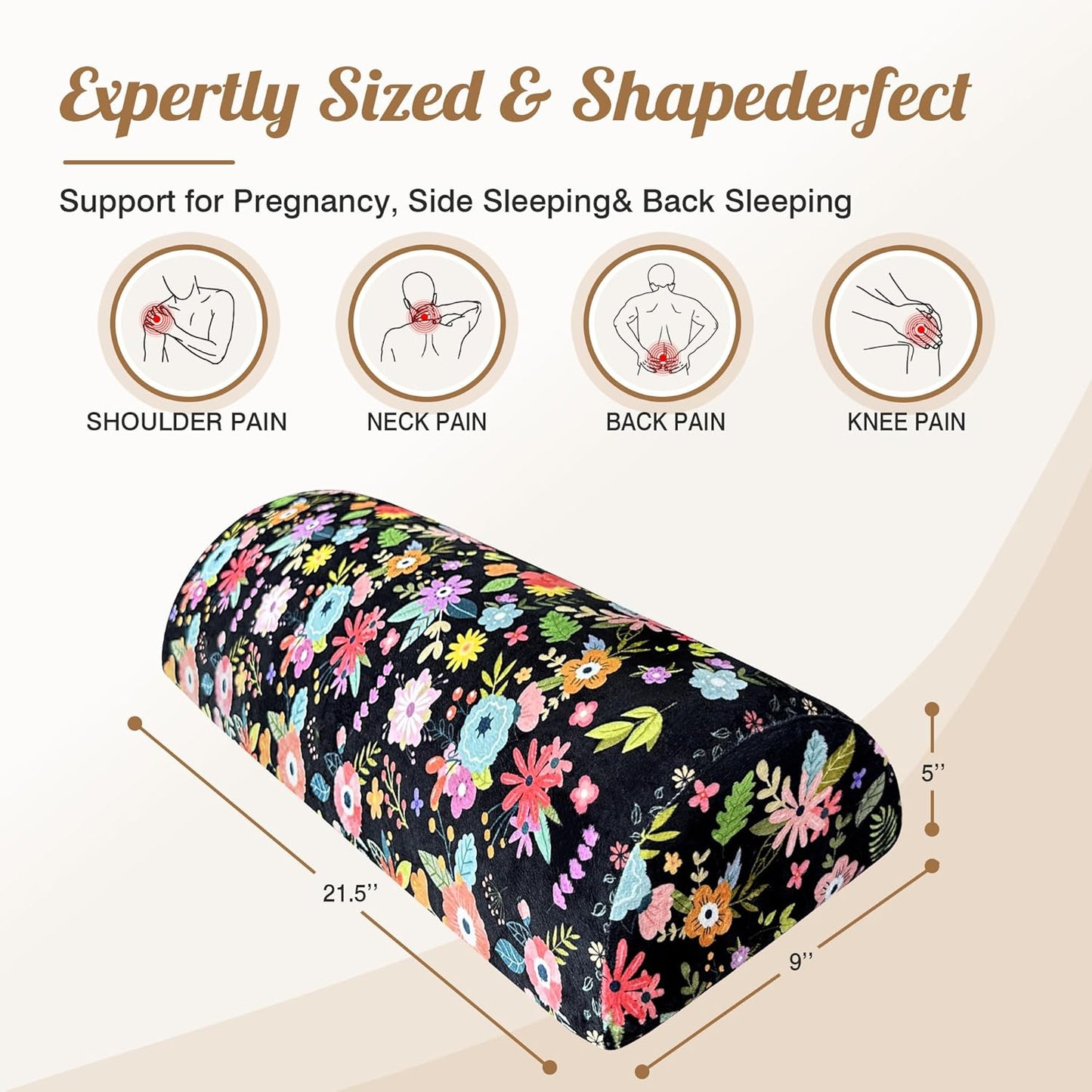 Knee Pillow for Back Sleeping – Half Moon Bolster Pillow for Under Knee While Sleeping Support, Leg & Back Pain Relief (21.5x9x5 Inches)