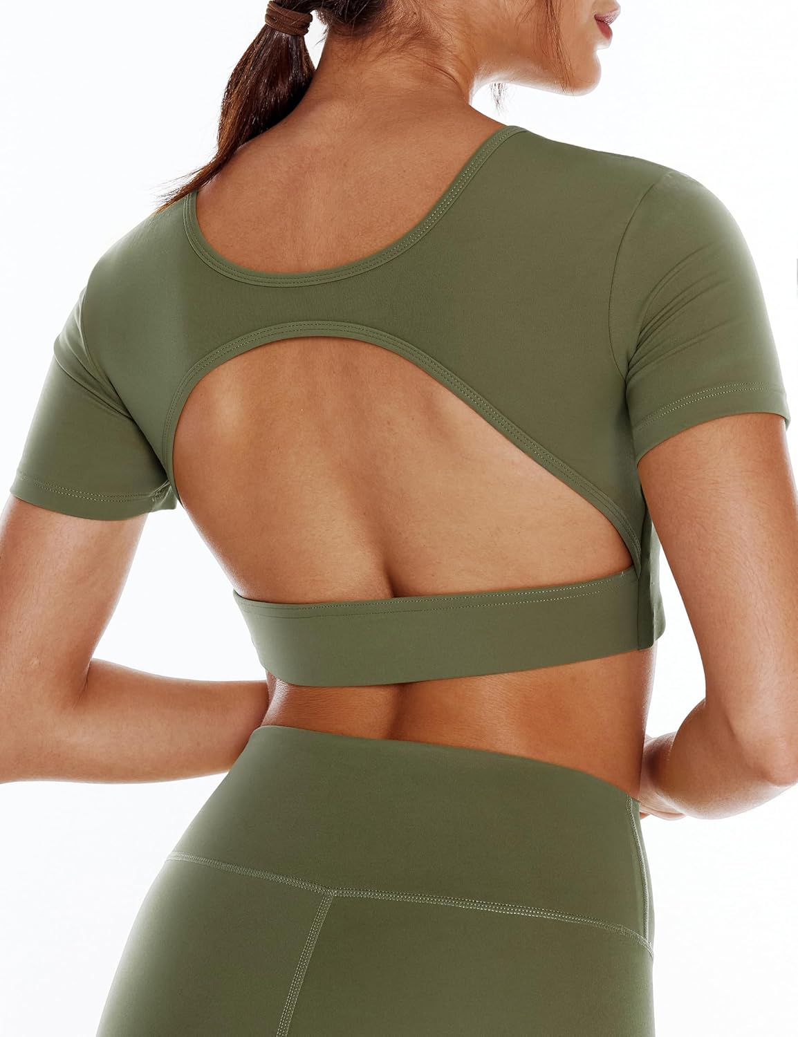 ENERBLOOM Open Back Workout Crop Tops for Women Backless Yoga Shirts Gym Short Sleeve Mild Support Compression Tee with Bra