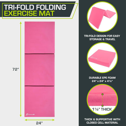 ProSource Tri-Fold Folding Thick Exercise Mat 6’x2’ with Carrying Handles for MMA, Gymnastics, Stretching, Core Workouts