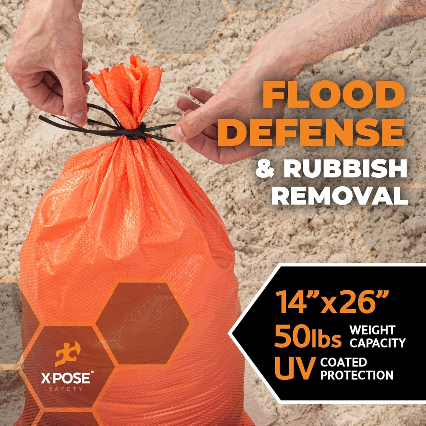 Xpose Safety Heavy Duty Sand Bags with Tie Strings – Empty Woven Polypropylene Sandbags for Hurricane Flood Protection, 50 lb Capacity, 14" x 26", White, Pack of 10
