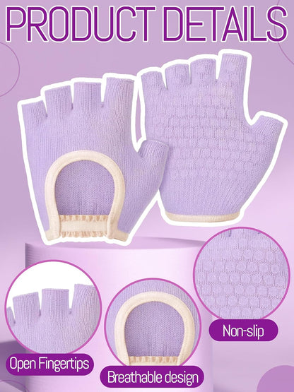 Fourluoo 4 Pairs Pilates Gloves with Grips for Women Non Slip Cotton Fingerless Silicone Yoga Gloves for Gym Exercise Workout Weight Training Mitten Fits Women Men