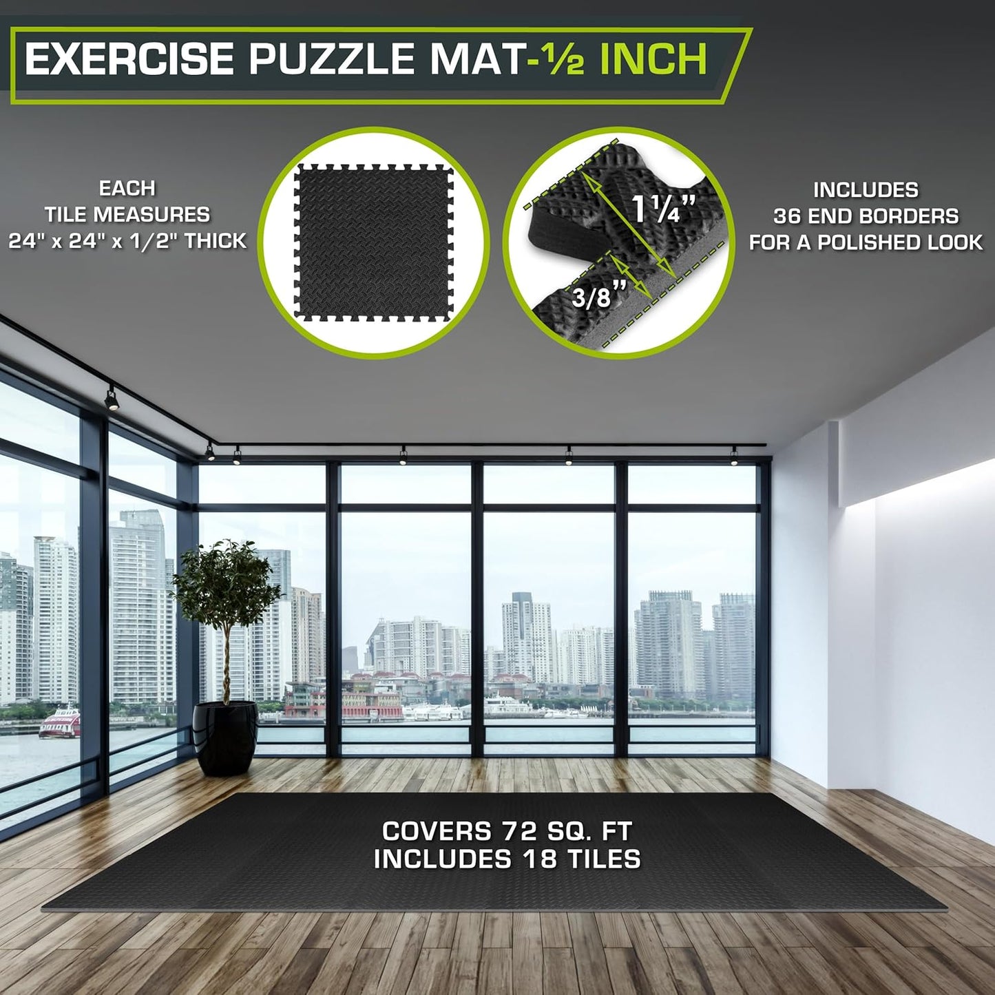 ProsourceFit Exercise Puzzle Mat ½-inch, EVA Interlocking Foam Floor Tiles for Home Gym, Workout Equipment, Kids Play Areas, Black, 24 SQ FT - 6 Tiles