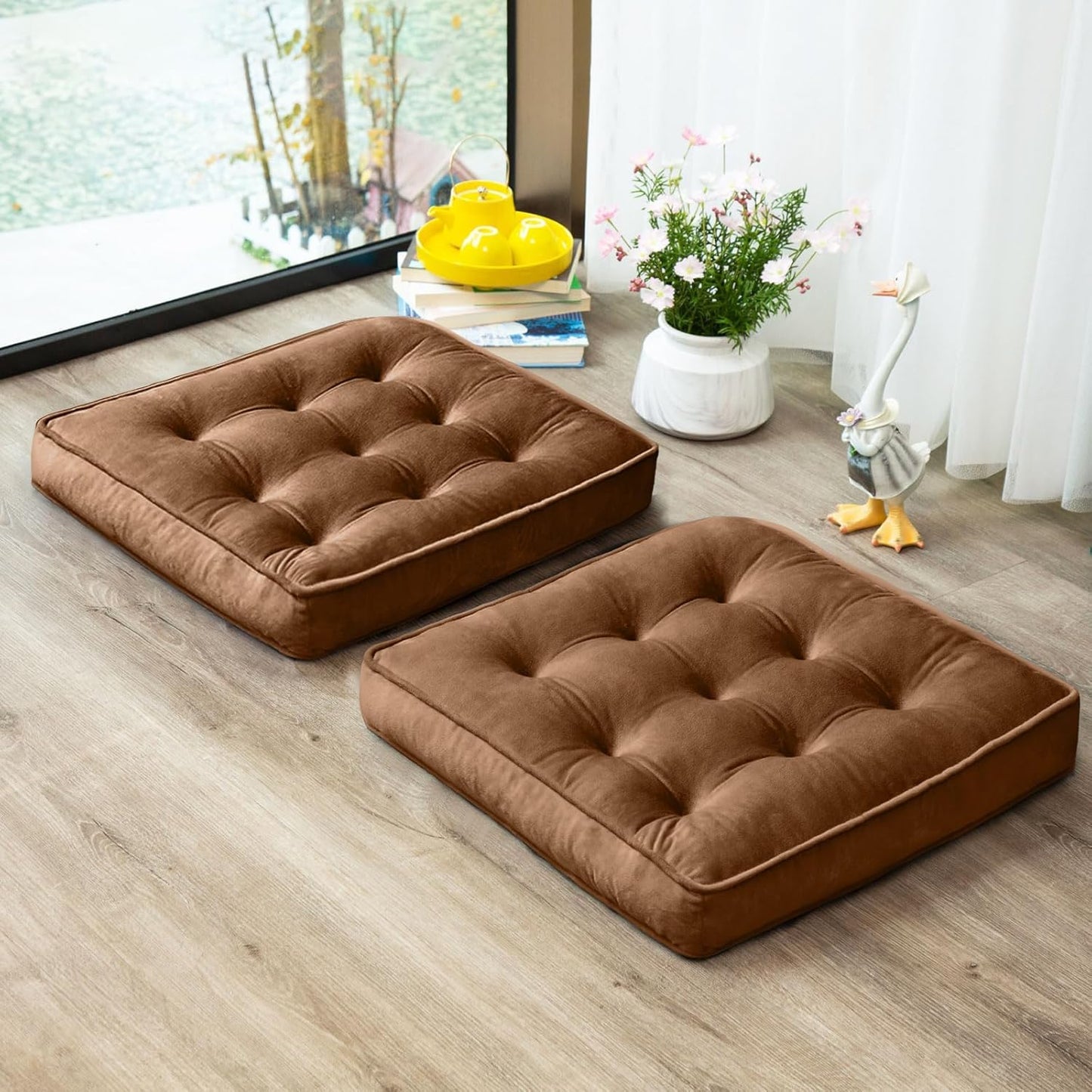 1 MIDDLE ONE Floor Pillow Set of 2, Memory Foam Meditation Cushion, Floor Cushions for Adults Sitting, Large Square Seat Cushions for Yoga, Living Room, 20x20 Inch (Grey)