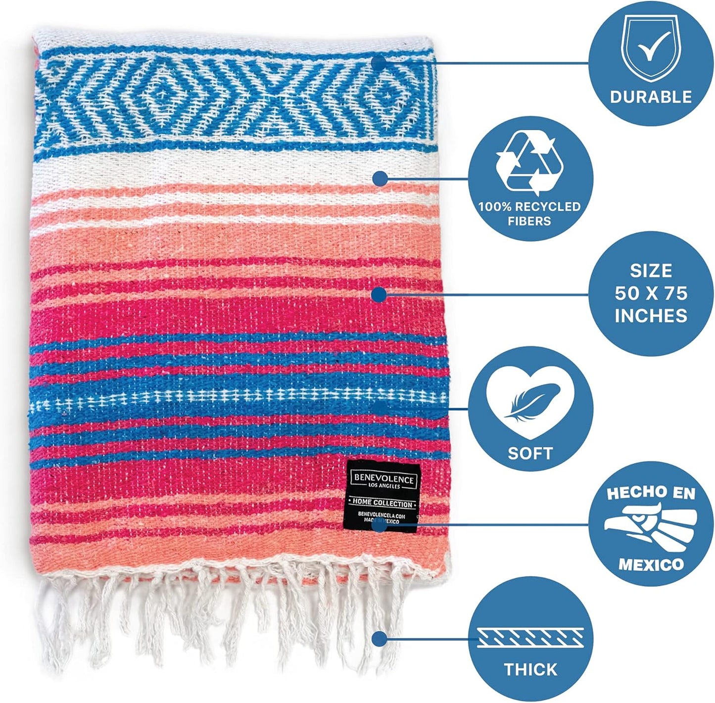 Benevolence LA Authentic Handwoven Mexican Blanket | Yoga Blankets, Outdoor, Picnic, Beach, Camping | Equestrian Saddle | Serape 50x70 inches - Coral, Pack of 1