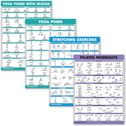 4 Pack - Yoga Block Poses + Pilates Exercise + Yoga Poses Positions + Stretching Posters - Set of Four Fitness Charts