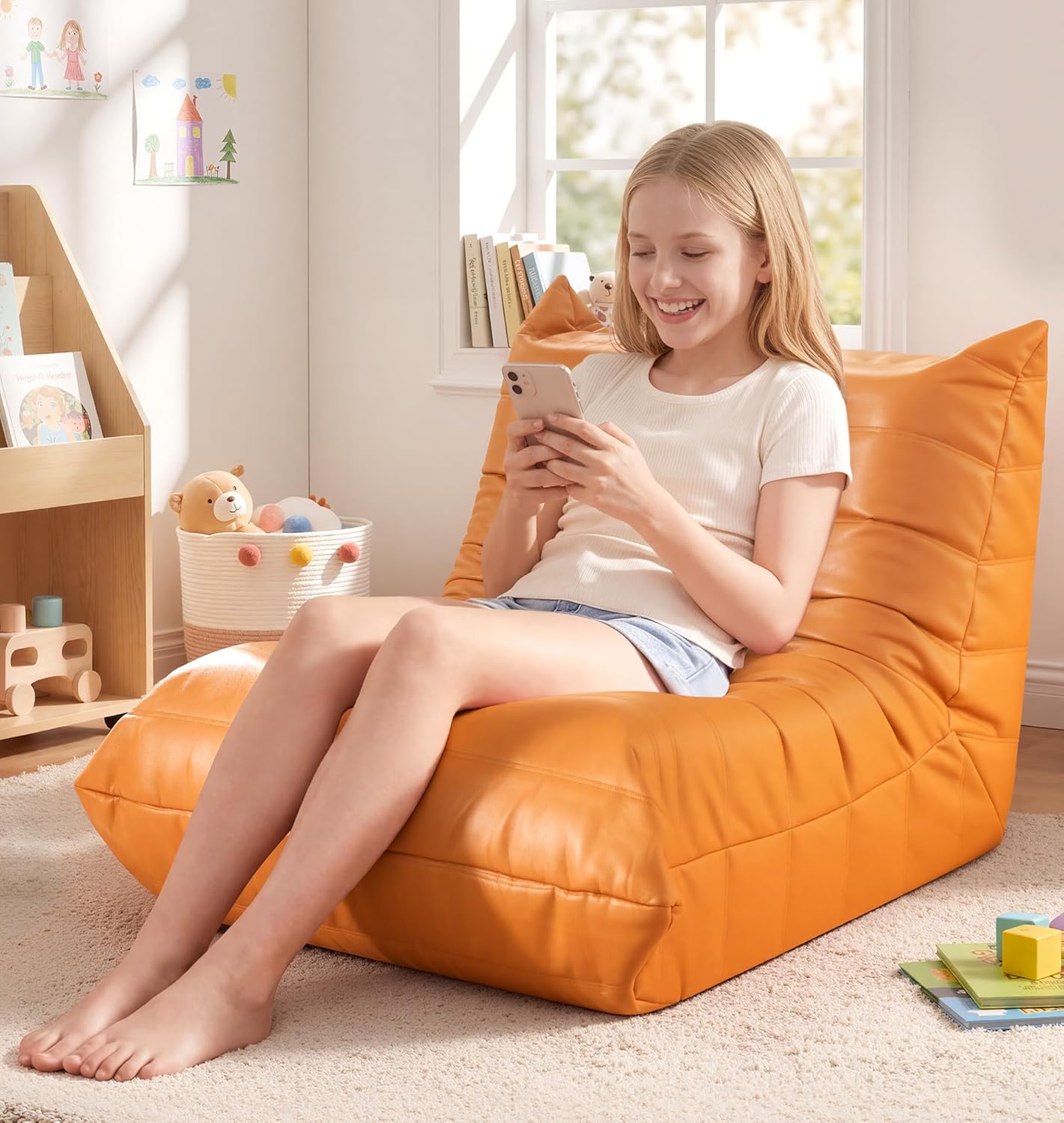 Hobestluk Giant Bean Bag Chair Lazy Floor Sofa, Memory Foam Fireside Sofa for Adults, Big Beanbag Faux Leather Armless Chair for Living Room Bedroom Dorm Office (Brown, Single)