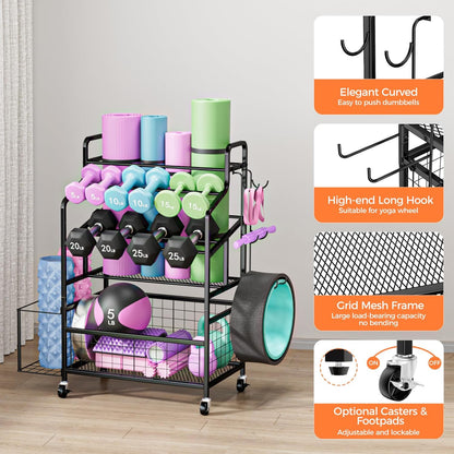 HavenlyYouth Dumbbell Rack, Home Gym Weight Rack Storage, Adjustable Dumbbell Stand Organizer with Wheels, Holds Dumbbells, Kettlebells, Yoga Mats