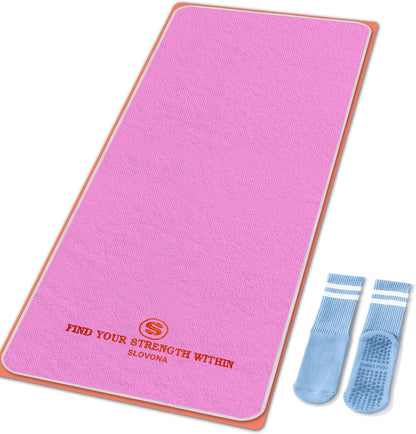 Upgraded Yoga Mat Towel with Bonus Grip Socks Elegant Embroidered Design, 1-Second Sweat Absorption & Non-Slip | Machine Washable Microfiber | Hot Yoga, Pilates | 73''*27.6'' | Orchid Purple