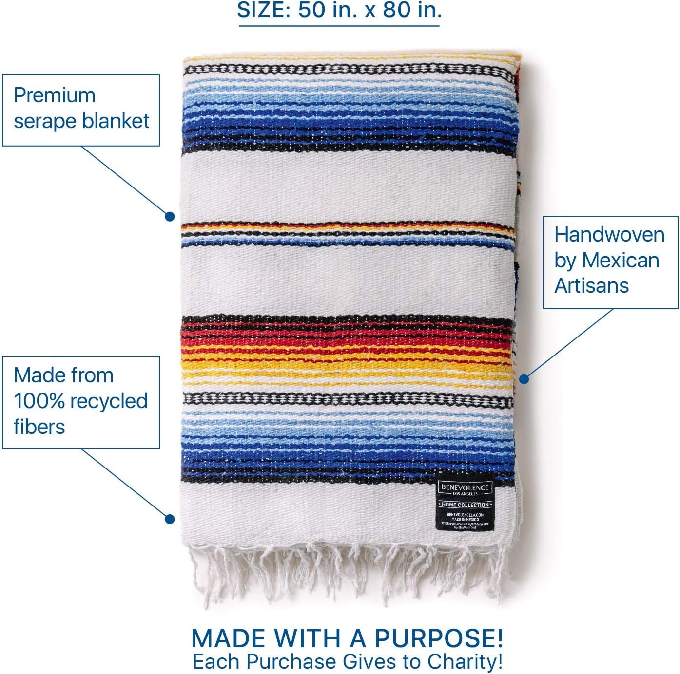 Benevolence LA Mexican Blanket, Authentic Handwoven Yoga Blanket & Outdoor Blanket, Made by Traditional Mexican Artisans, Saddle Blanket, Beach Blanket, Picnic Blanket, & Car Blanket 75 x 52 - Agua