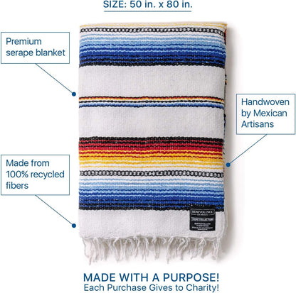 Benevolence LA Mexican Blanket, Authentic Handwoven Yoga Blanket & Outdoor Blanket, Made by Traditional Mexican Artisans, Saddle Blanket, Beach Blanket, Picnic Blanket, & Car Blanket 75 x 52 - Agua