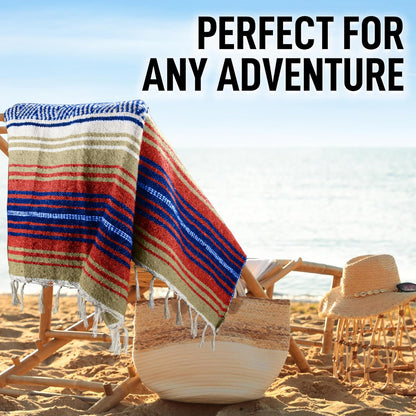 Hydration Nation Authentic Large Handwoven Mexican Blanket - Soft Yoga - Durable Serape - Lightweight Falsa, Beach, Camping, Picnic, Outdoor 70"x50" - Mandarin