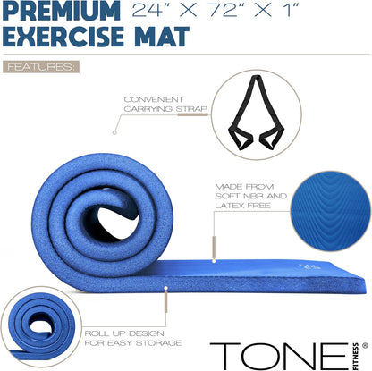 Tone Fitness 1-Inch Thick Yoga Mat | High-Density, Non-slip Exercise Mat with Carrying Strap for Yoga, Pilates, & Home Gym Workouts | Multiple Options