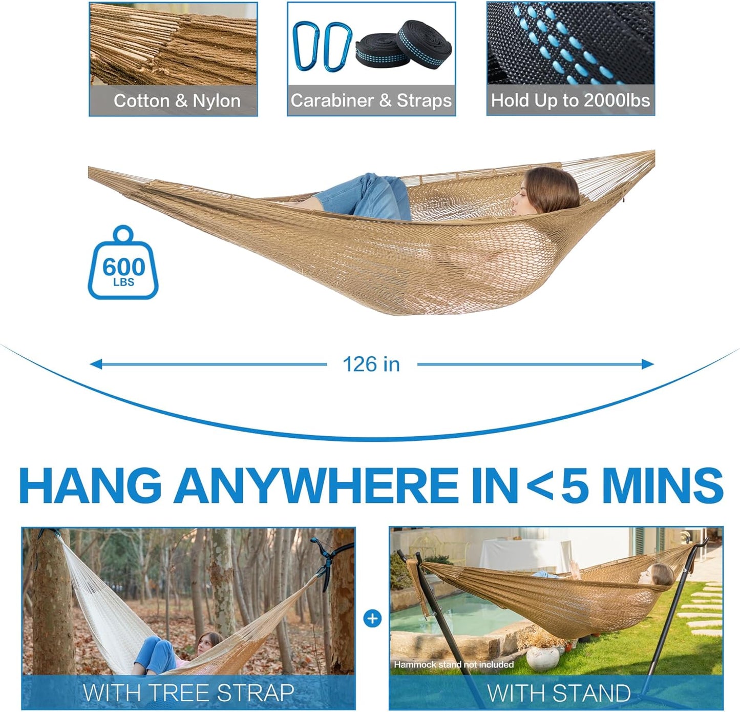 PNAEUT Handwoven Mayan Hammocks, Double Rope Hammock for Outdoor Outside & Indoor, Thick Soft 600 lbs Capacity Heavy-Duty, Includes Tree Straps, Carabiners & Carrying Bag (Nature, X-Large)