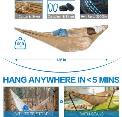 PNAEUT Handwoven Mayan Hammocks, Double Rope Hammock for Outdoor Outside & Indoor, Thick Soft 600 lbs Capacity Heavy-Duty, Includes Tree Straps, Carabiners & Carrying Bag (Nature, X-Large)