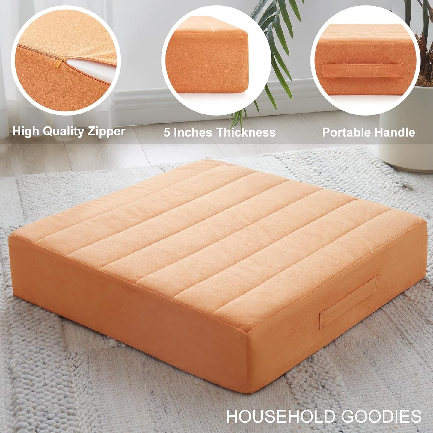 JKMAX 2 Pcs High Density Foam Floor Pillow - Upgraded Large Pillows Seating for Adults - Outdoor Floor Cushion with Soft Tufted Cover - Yoga Pillows for Sitting On Floor - 22 Inch Light Gray
