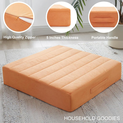 JKMAX 2 Pcs High Density Foam Floor Pillow - Upgraded Large Pillows Seating for Adults - Outdoor Floor Cushion with Soft Tufted Cover - Yoga Pillows for Sitting On Floor - 22 Inch Light Gray