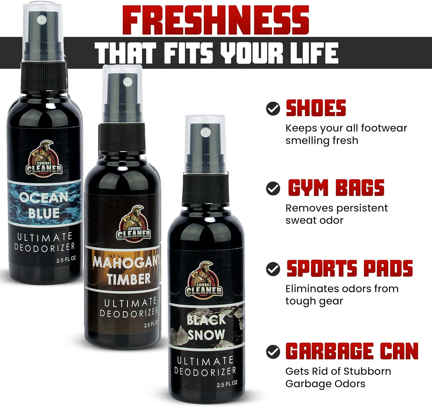 Shoe Deodorizer Spray - Shoe Refresher: Black Snow, Mahogany Timber & Ocean Blue - Shoe Odor Eliminator for Sneakers, Gym Bags & Lockers - Men’s Deodorant Spray by Combat Cleaner