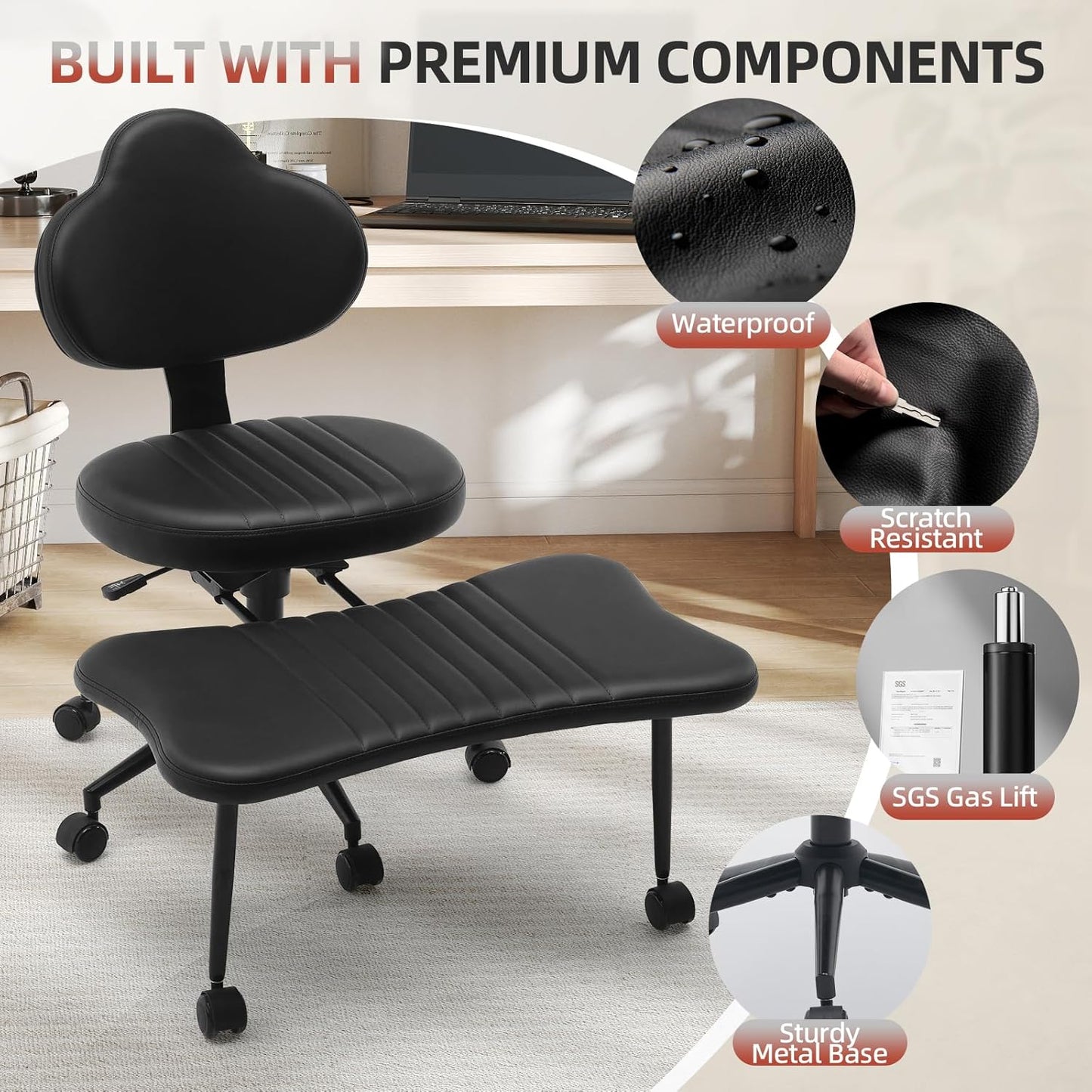 Ergonomic Cross Legged Chair, 360° Swivel Meditation Chair with Wheels, Height Adjustable Seat for Meditation, ADHD & Yoga, PU Leather Yoga Stool for Home Office, Black