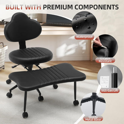 Ergonomic Cross Legged Chair, 360° Swivel Meditation Chair with Wheels, Height Adjustable Seat for Meditation, ADHD & Yoga, PU Leather Yoga Stool for Home Office, Black