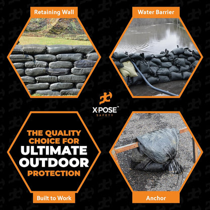 Xpose Safety Heavy Duty Sand Bags with Tie Strings – Empty Woven Polypropylene Sandbags for Hurricane Flood Protection, 100 lb Capacity, 14" x 26", Black, Pack of 10