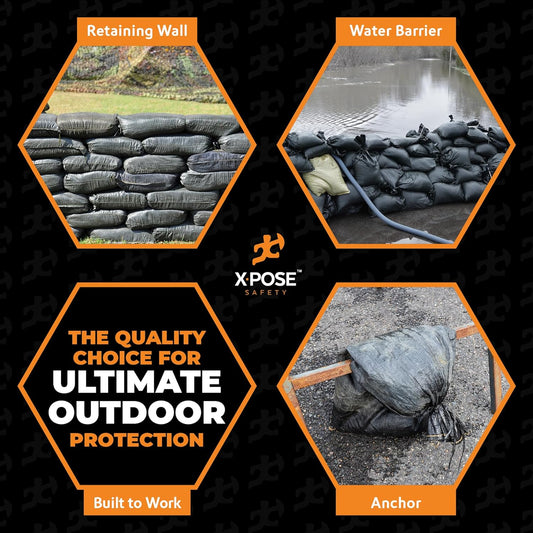 Xpose Safety Heavy Duty Sand Bags with Tie Strings – Empty Woven Polypropylene Sandbags for Hurricane Flood Protection, 100 lb Capacity, 14" x 26", Black, Pack of 10