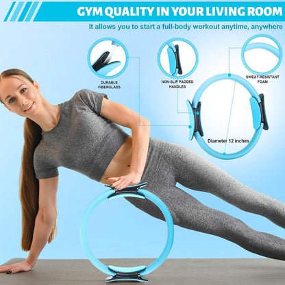 RoundFunny Pilates Ring Circle Set 18 Pcs Exercise Equipment Accessories for Women Workouts Pilates Ball Stretching Strap Magic Circle Yoga Ring Gym Back Bag Resistance Band Anti Slip Socks