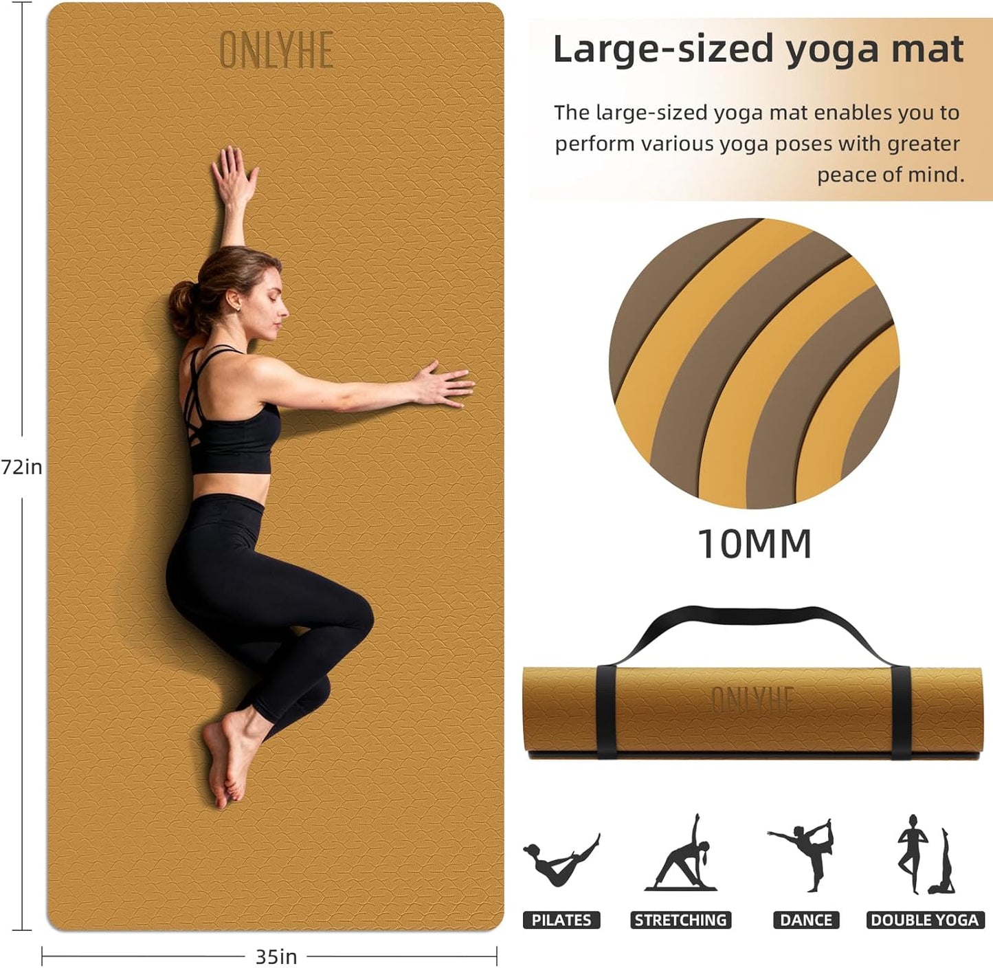 Yoga Mat Thick(10mm) Exercise Mat Non Slip Anti-tear,72"x35" Extra Large Pilates Mats for Home Workouts, Gym & Floor Stretching with Carrier Strap