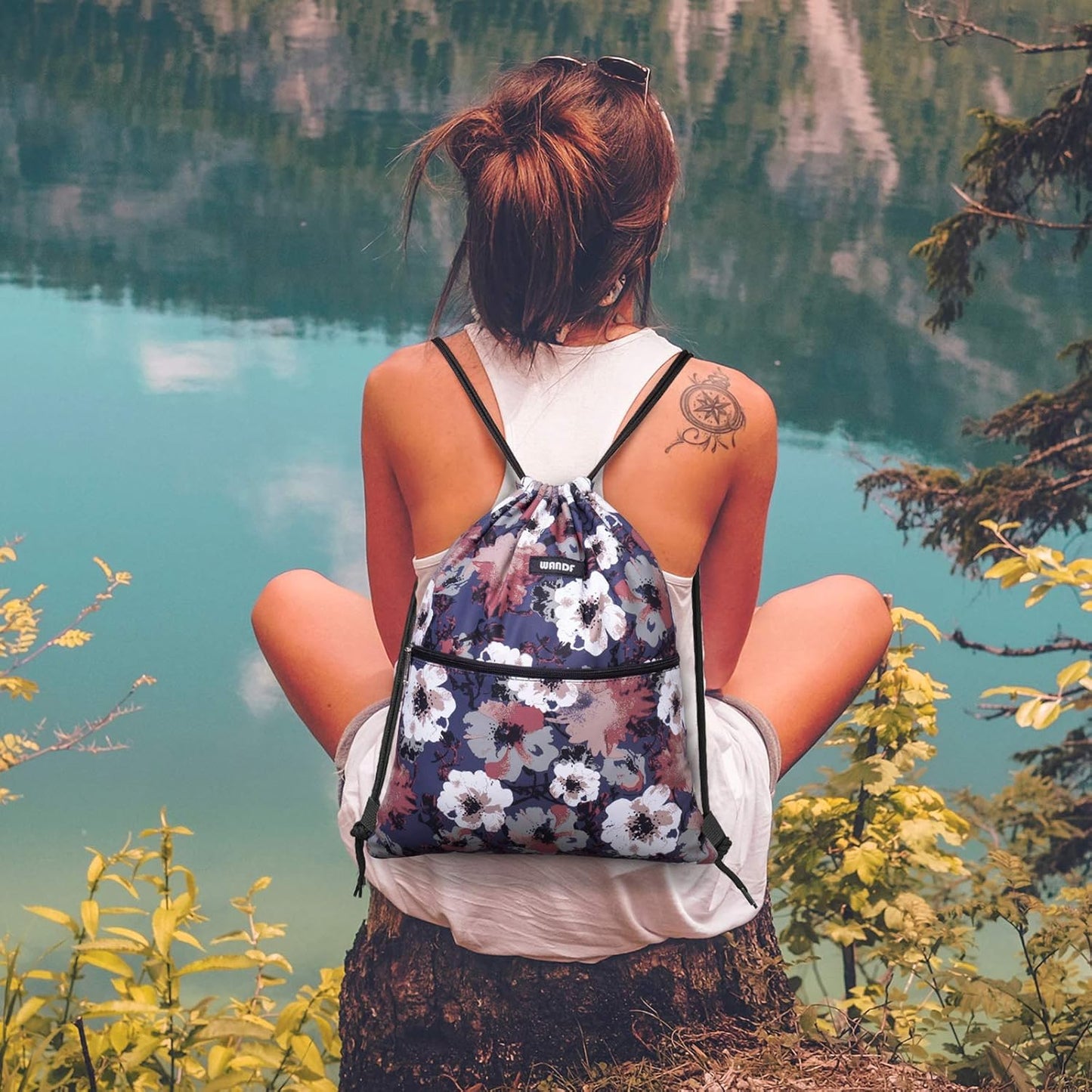 WANDF Drawstring Backpack String Bag Sackpack Cinch Water Resistant Nylon for Gym Shopping Sport Yoga (Black)