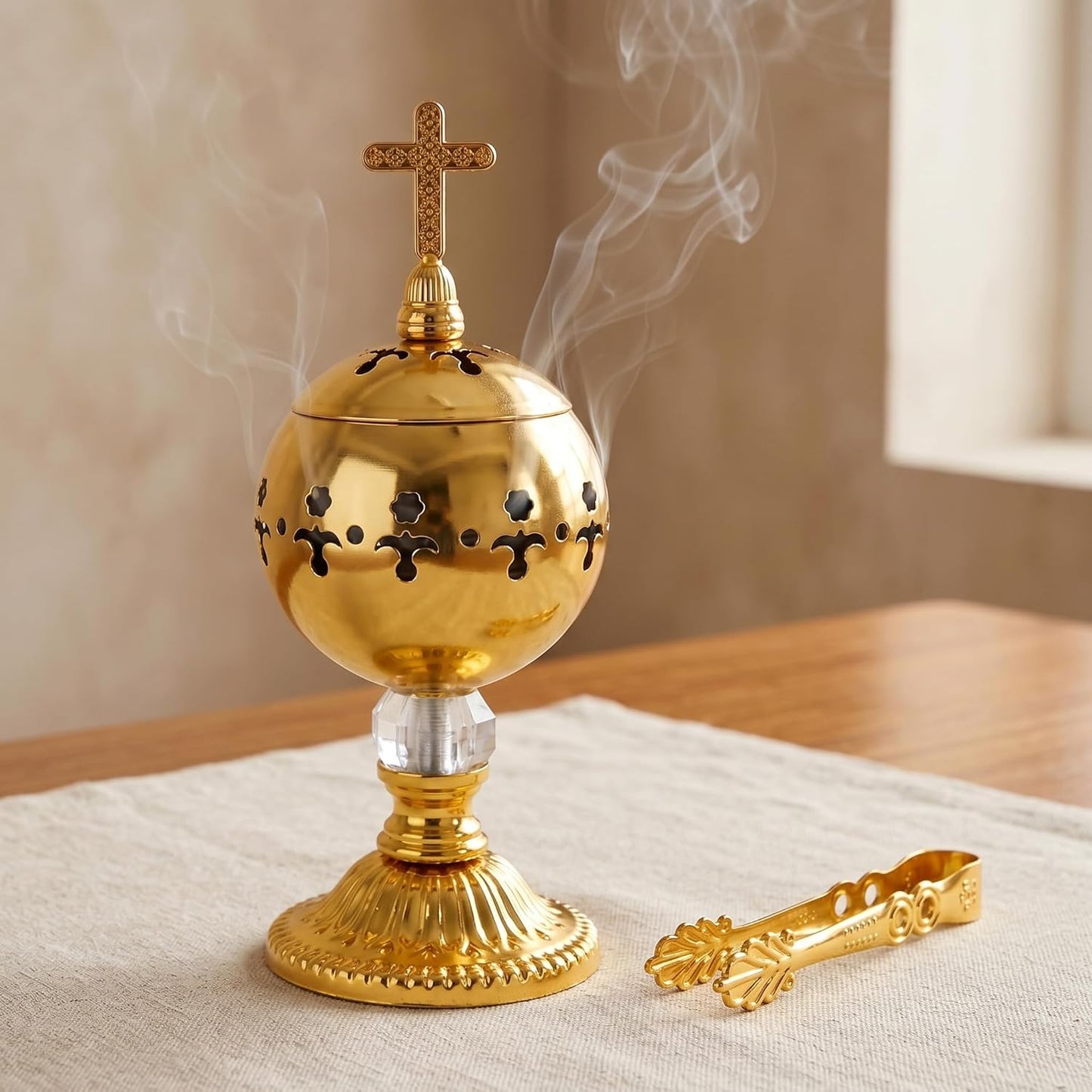 TOPZEA Catholic Incense Burner with Tong, Gold Metal Bakhoor Frankincense Resin Burner, Brass Plated Charcoal Incense Censer Stand with Cross for Christian Church, Home, Yoga, Spa Aromatherapy