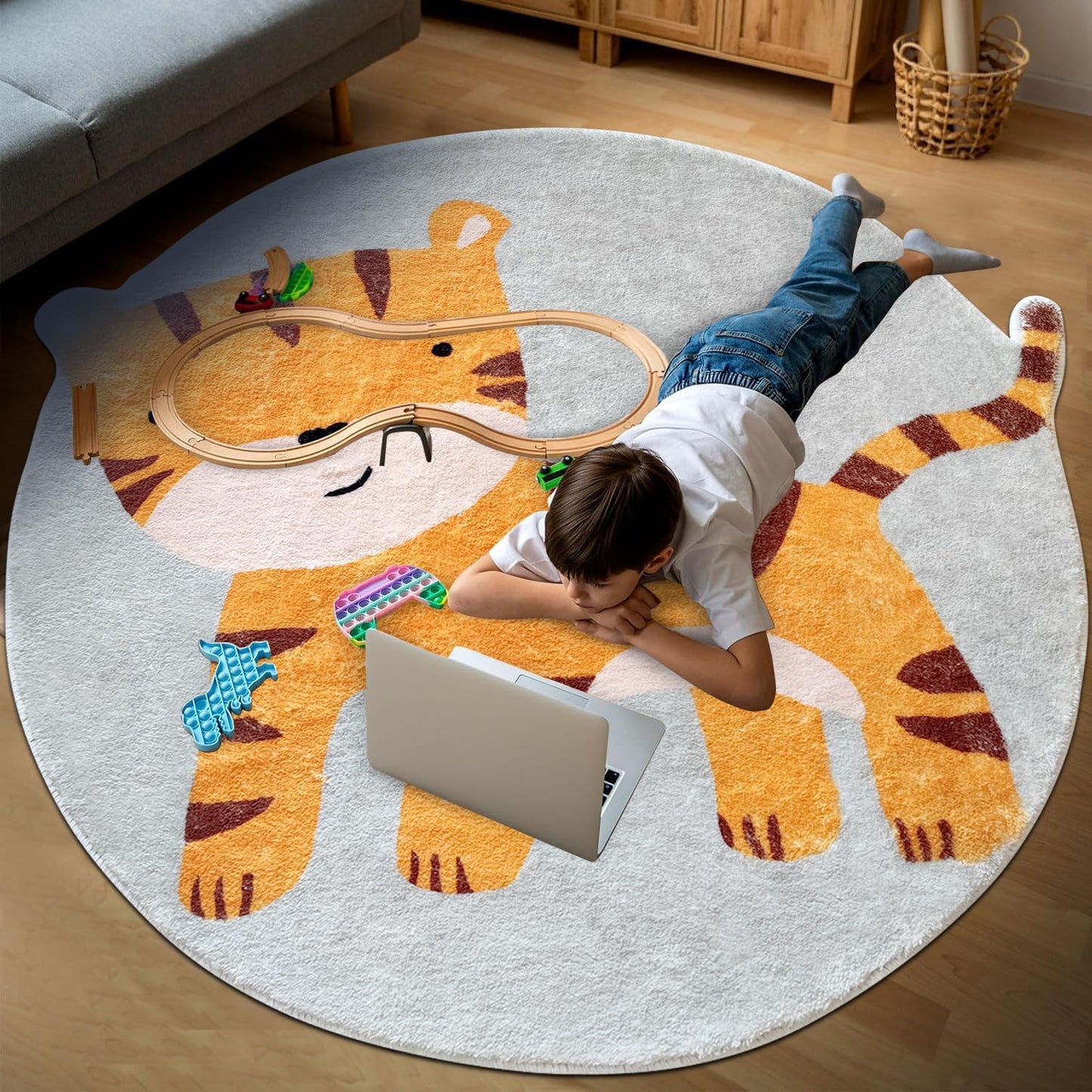 Poowe Cute Animals Kids Room Rug,39.4" Round Washable Area Rugs Rabbit Rug Nursery Rug for Baby Boys Girls Play Mat Floor Carpet Non Slip Soft Rugs for Living Room Bedroom Playroom Classroom