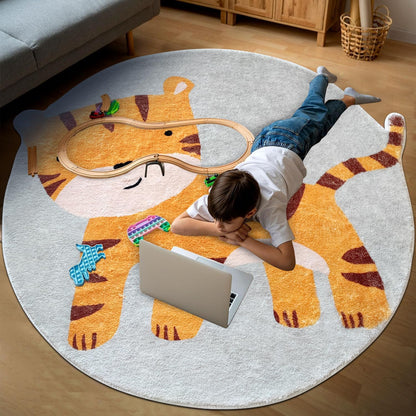 Poowe Cute Animals Kids Room Rug,39.4" Round Washable Area Rugs Rabbit Rug Nursery Rug for Baby Boys Girls Play Mat Floor Carpet Non Slip Soft Rugs for Living Room Bedroom Playroom Classroom