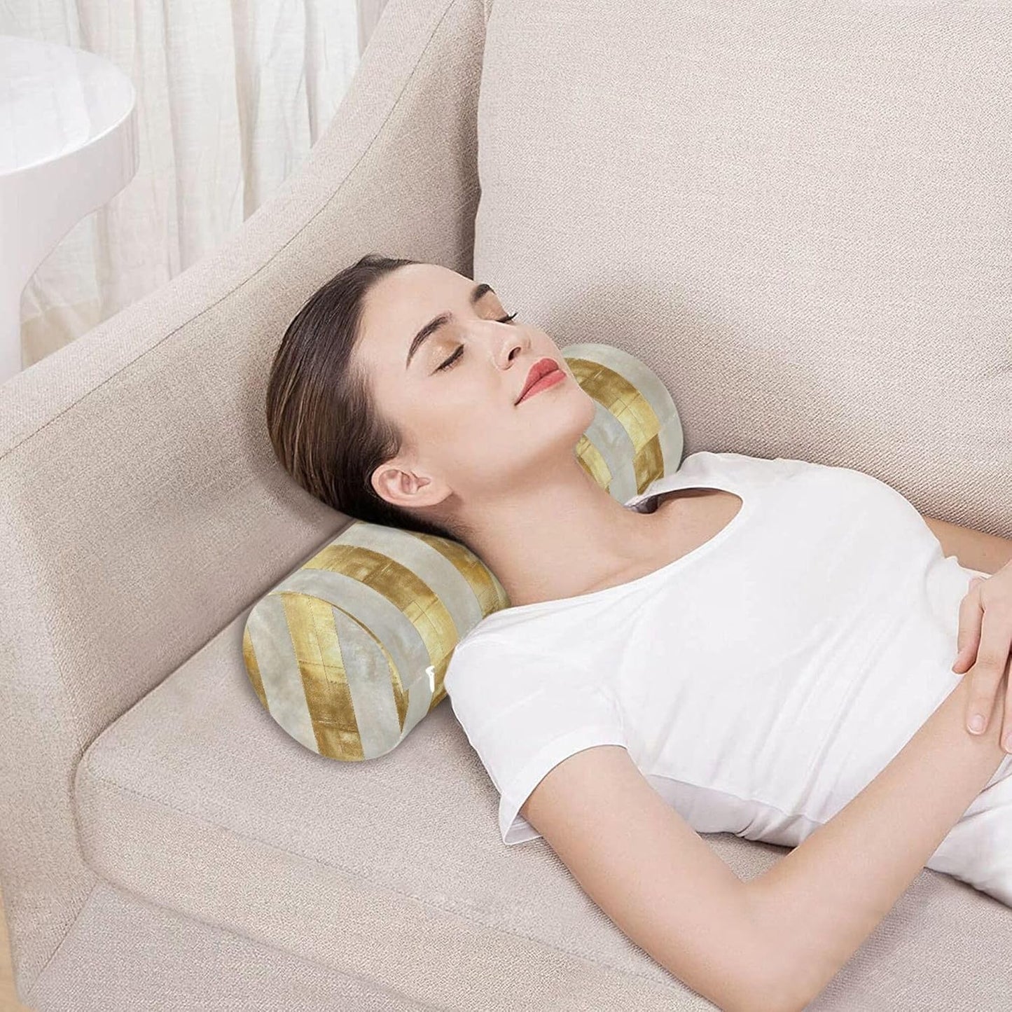 Yoga Bolster Pillow Round Neck Roll Pillow Bed Round Pillow for Baby Cylinder Decorative Pillow Bolster Pillow Covers with Zipper Gold Stripe