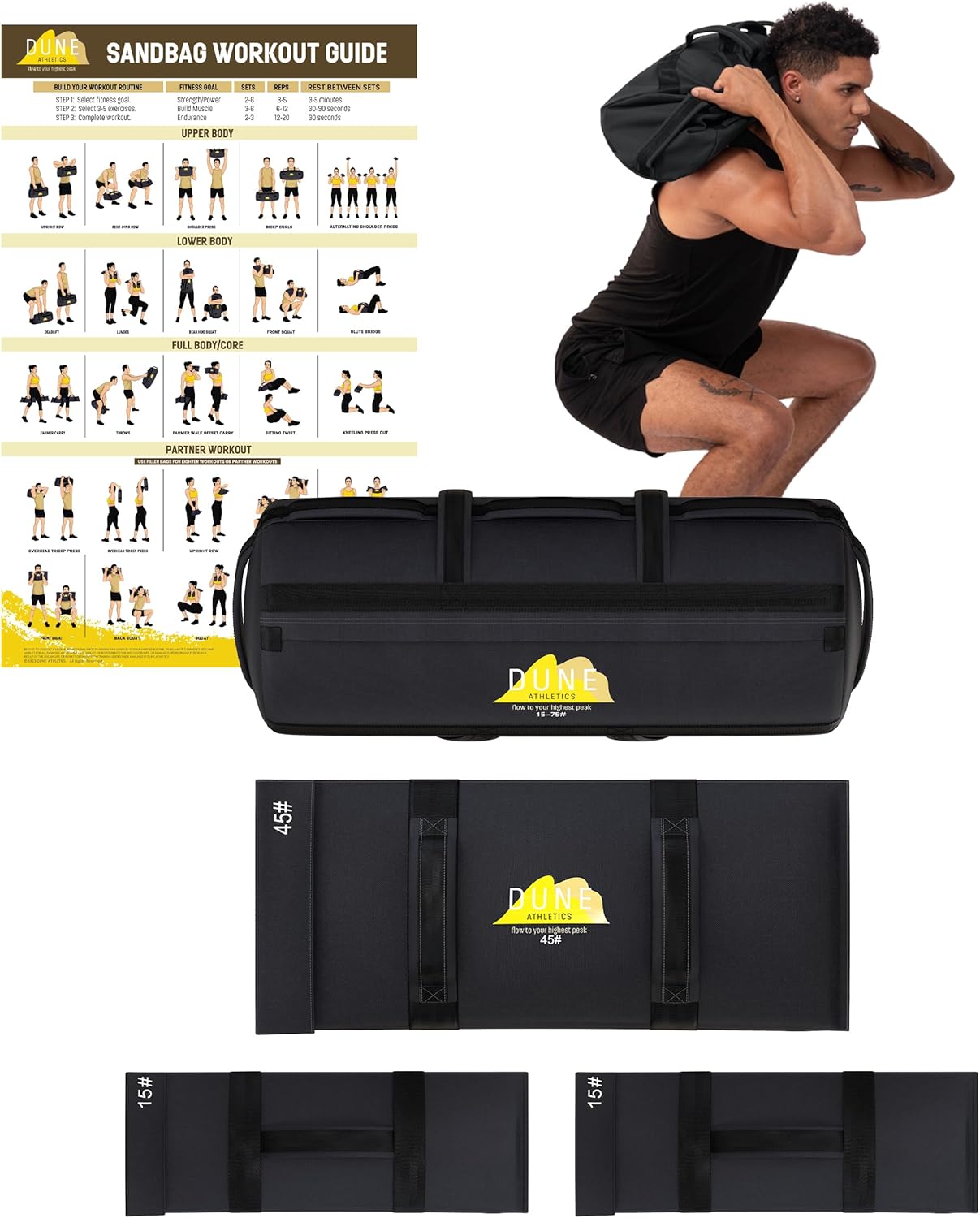 Sandbags for Working Out (Unfilled) - Enhance Your Fitness with Our Workout Sandbag, Versatile & Durable Sand Bags for Weight Training 15-75 lbs - Sandbags for Fitness Guide Included