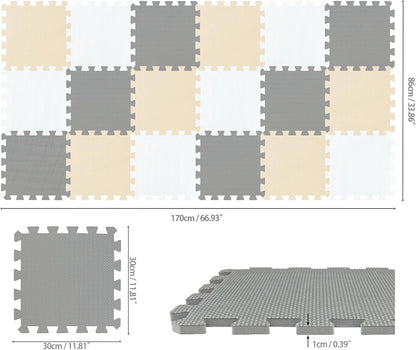 qqpp EVA Rubber 18 Tiles Interlocking Puzzle Foam Floor Mats - Baby Play Mat for Playing | Exercise Mat for Home Workout. White, Pink, Gray. QC-ACLb18N