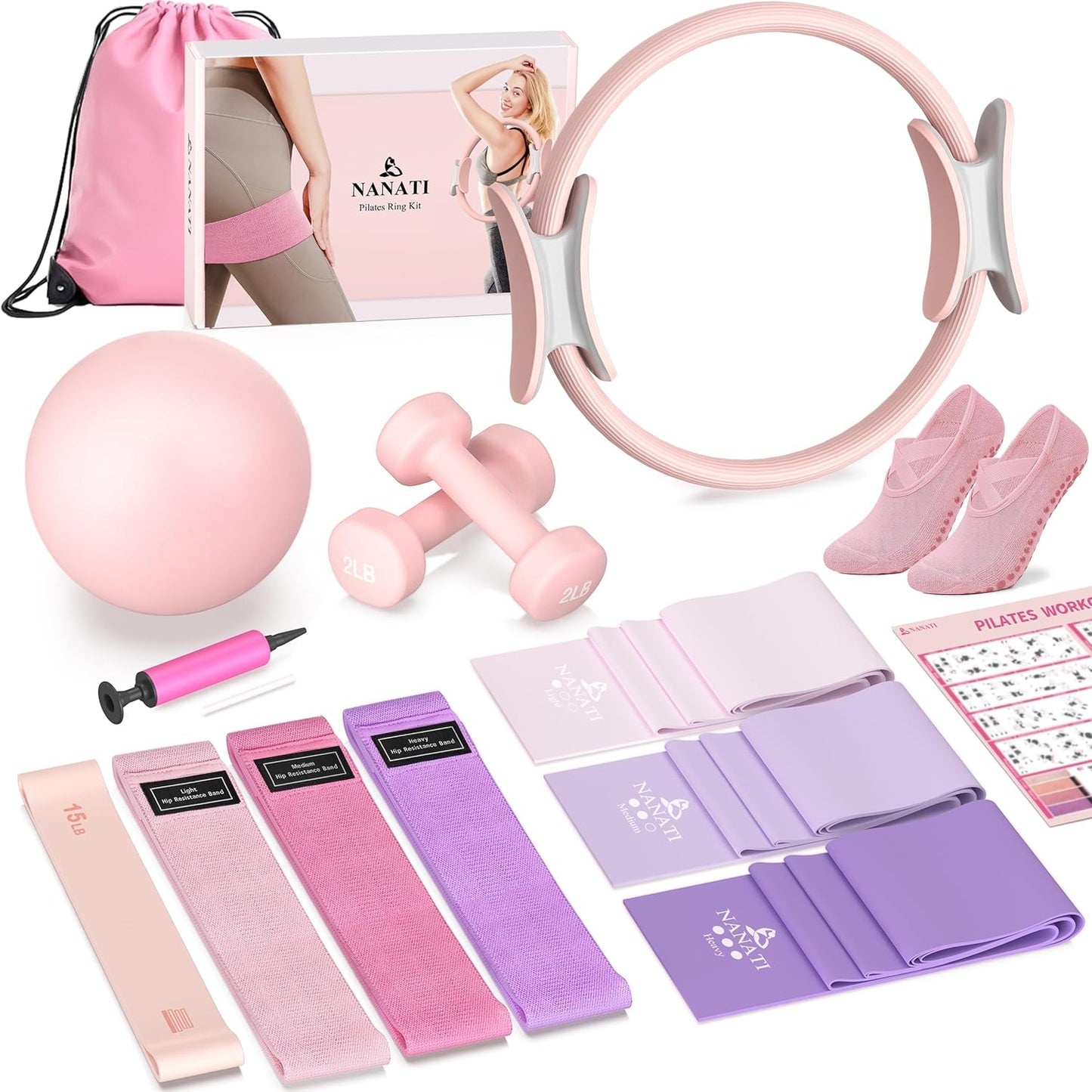 NANATI Pilates Kit, Pilates Essential Kit for Women, Pilates Equipment with 14.5" Pilates Ring and Ball, Resistance Bands,Dumbbells & Grip Socks Accessories, Home Pilates Workout Kit for Starter