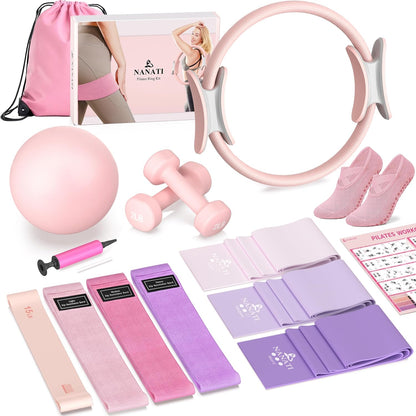NANATI Pilates Kit, Pilates Essential Kit for Women, Pilates Equipment with 14.5" Pilates Ring and Ball, Resistance Bands,Dumbbells & Grip Socks Accessories, Home Pilates Workout Kit for Starter