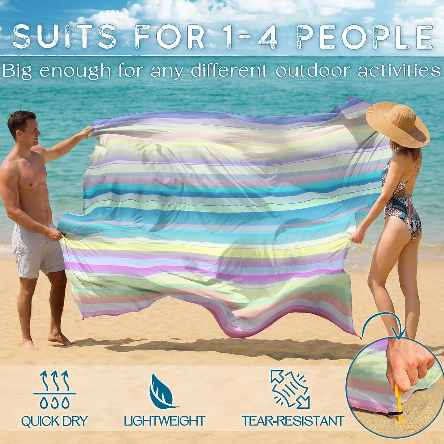 BYDOLL Beach Blanket Waterproof Sandproof Large Sand Free,78''X81''/10'X9' Oversized Sandless Lightweight Blanket Picnic Mat for Beach Travel Camping Hiking with Stakes