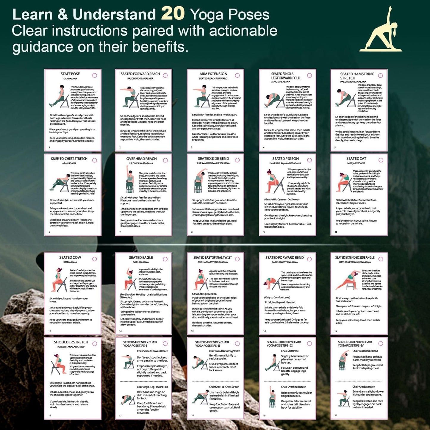 Chair Yoga Cards Exercises,57 Exercise Cards with 2 Rings, Big 4.72"x3.14"Cards,30 Days Challenge with Chair Yoga for Elderly to Improve Balance,& Weight Loss Made Routines for Seniors & Beginners