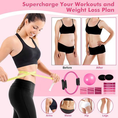 Goocrun Pilates Ring Set Exercise Equipment, with Exercise Resistance Bands Set, Pilates Ball, Sliding Disks. Portable Home Gym - with Fitness Guide Poster