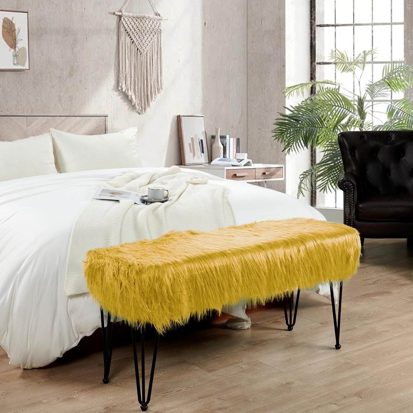 Home Soft Things Green Mongolian Faux Fur Ottoman, Desert Sage, 19'' x 13'' x 17'', Cozy Plush Fluffy Ottoman Foot Rest Stool for Living Room Bedroom Entryway Makeup Bench End of Bed Home Décor