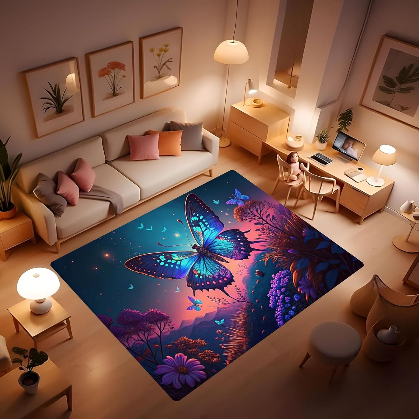 Butterfly Carpet Area Rug - Lovely Butterflies Printed Carpets for Kids Butterfly Theme Living Room Indoor Bedroom Decor Soft Polyester Yoga Mat 2'x3'