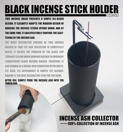 Incense Holder for Sticks,Incense Burner Holder,Modern Incense Holder for Stick with Glass Ash Catcher,Insence-Stick Holder [Anti-Ash Flying] for Yoga Spa (Upside Down Full Black)