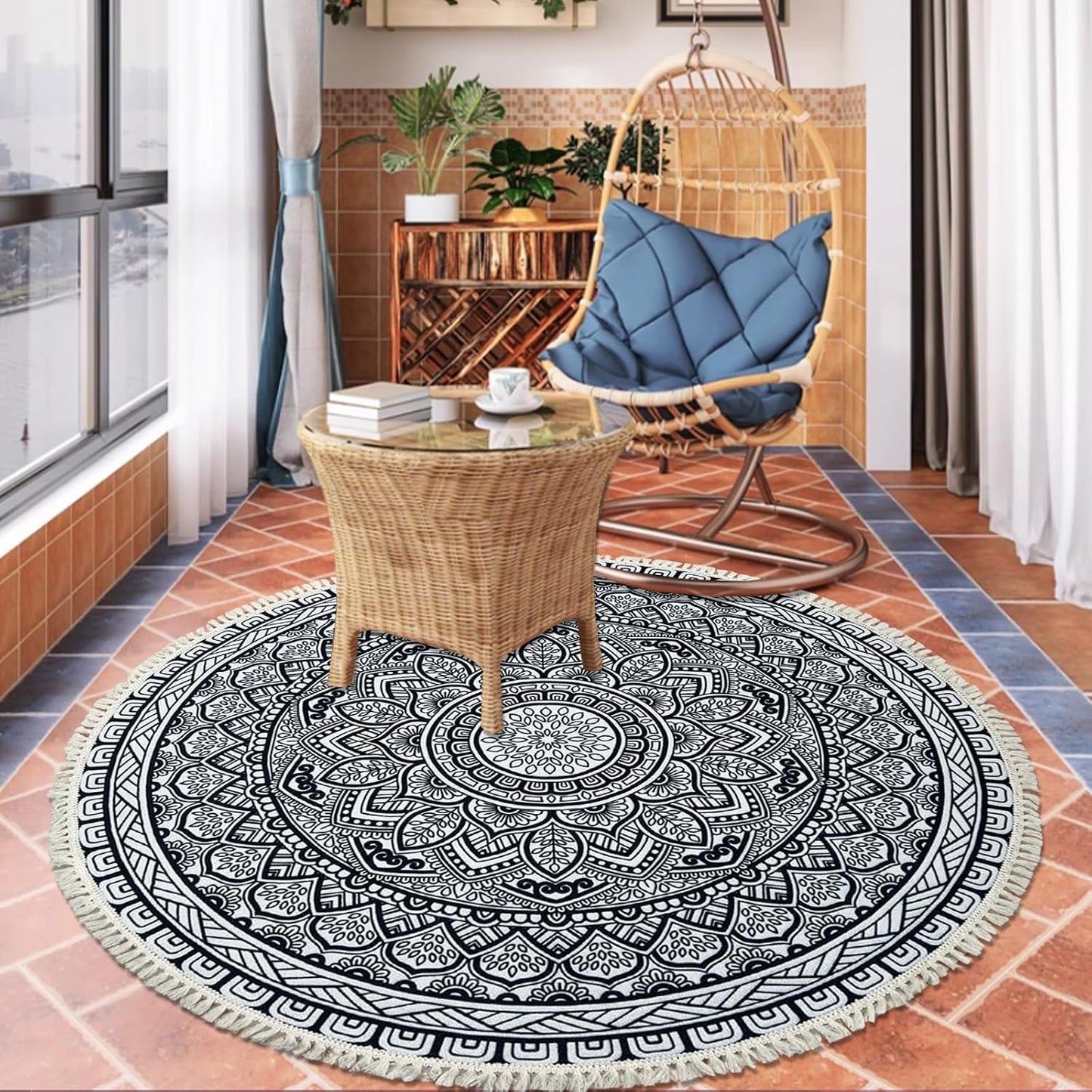 Boho Rug 5Ft Round Bedroom Carpet Circle Nonslip Farmhouse Area Rug Rustic Mandala Floor Mat for Living Room Locker Room Tassel Yoga Throw Rugs Washable Doormat, Purple