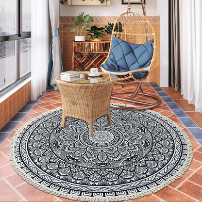 Boho Rug 5Ft Round Bedroom Carpet Circle Nonslip Farmhouse Area Rug Rustic Mandala Floor Mat for Living Room Locker Room Tassel Yoga Throw Rugs Washable Doormat, Purple